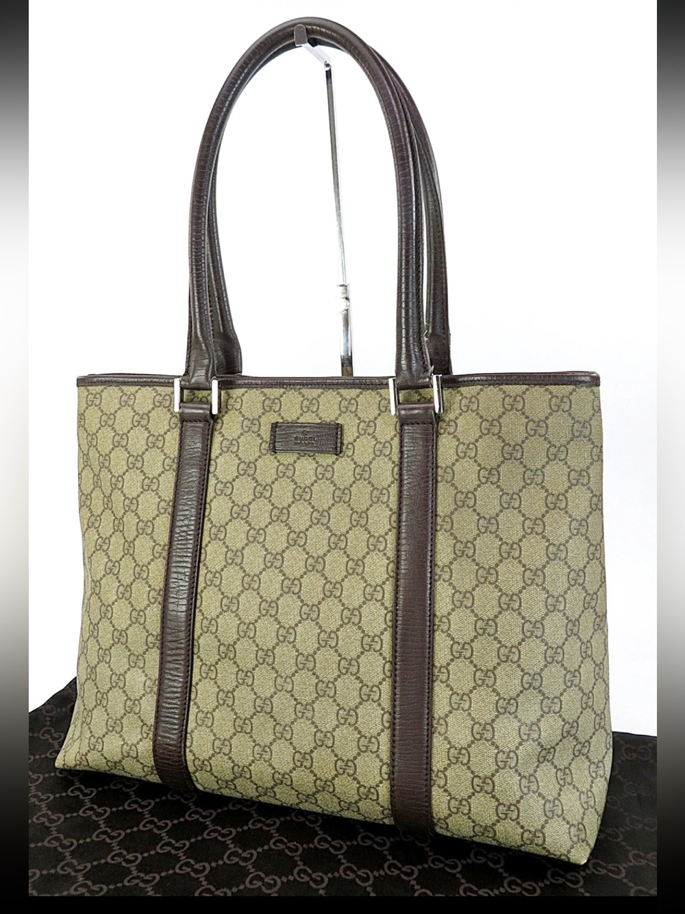 Gucci Monogram Canvas Tote with Dark Brown Leather Trim